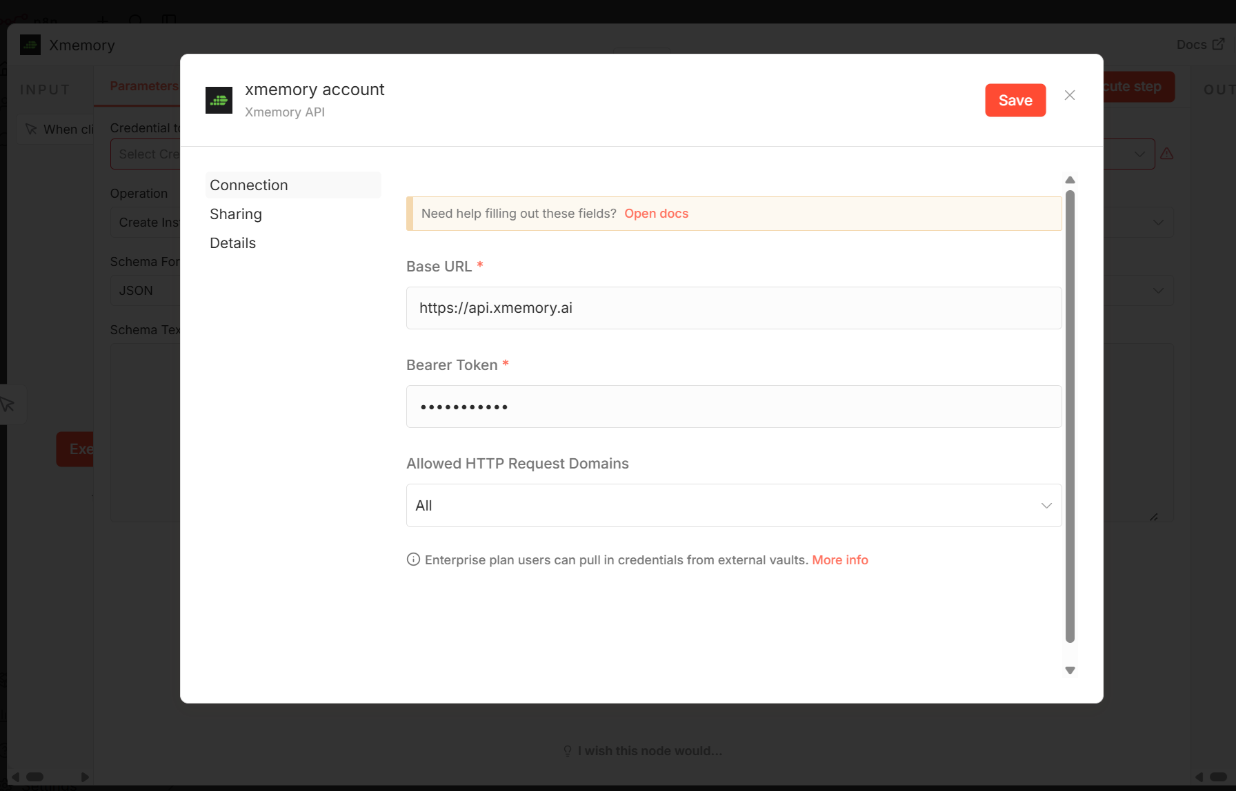 Authorize n8n xmemory node with API key